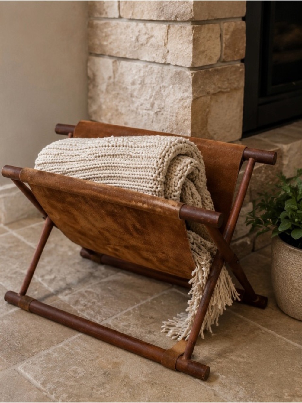Vintage Mid-Century Modern Folding Wood & Leather Magazine News Paper Rack